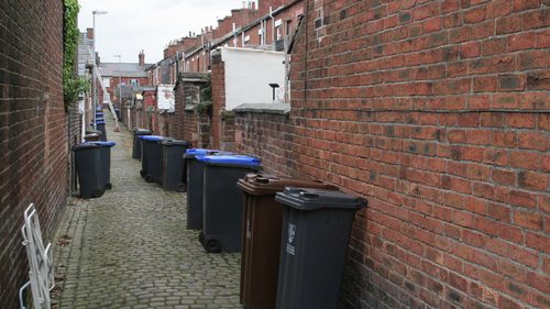 Back alley with wheelie bins